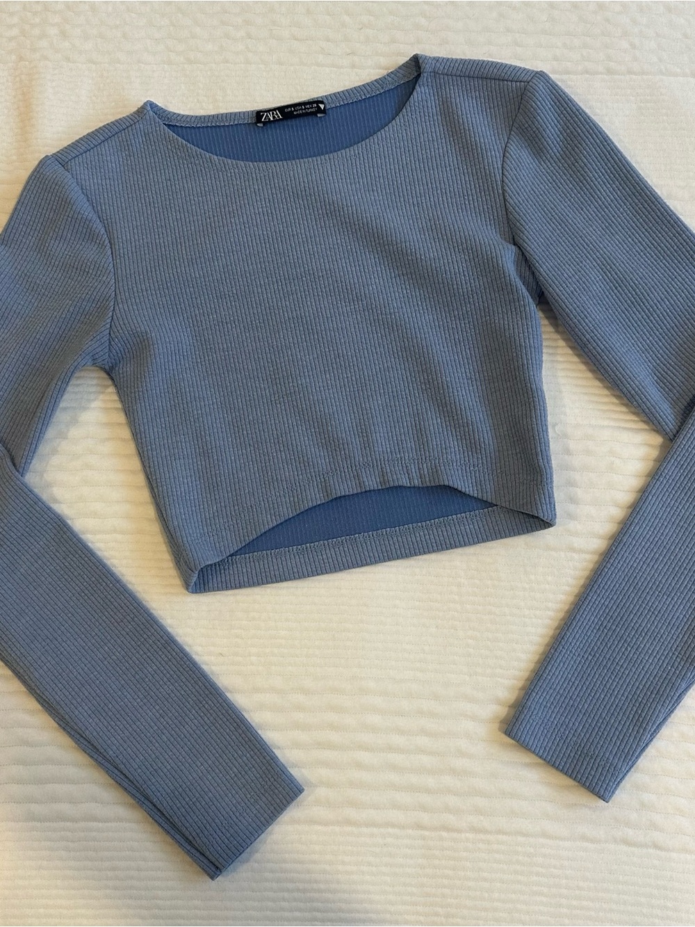 Zara Light Blue Ribbed Long-Sleeve Cropped Top